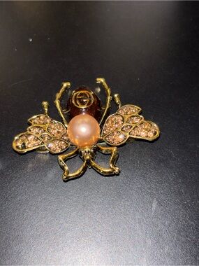 Gold-Tone Bee Brooch with Pink Pearl and Crystals